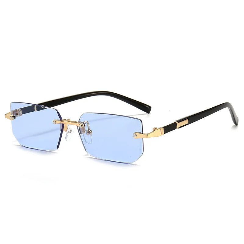 Lunettes de soleil Glassy Mood à verres bleus sans monture avec branches noires et détails dorés