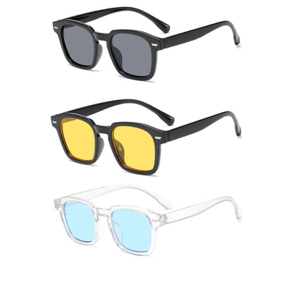 Lot de trois lunettes de soleil hommes haute qualité avec montures noires et transparentes et verres noirs, jaunes et bleus