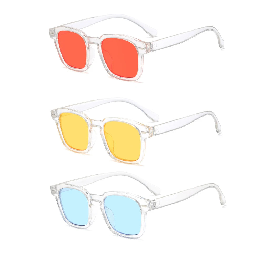Lot de trois lunettes de soleil hommes haute qualité avec montures transparentes et verres colorés rouge jaune bleu