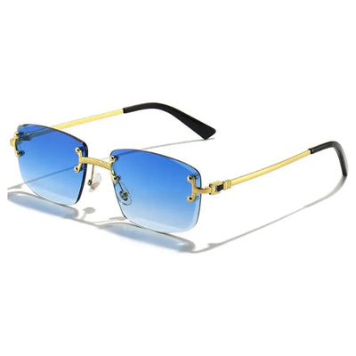 Lunettes de soleil rectangulaires punk avec verres bleus dégradés et branches métalliques dorées