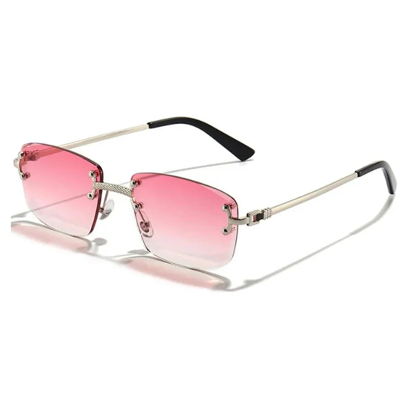 Lunettes de soleil rectangulaires punk à verres dégradés roses avec monture argentée fine